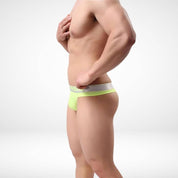 Side profile of Brave Person Men's Mesh Briefs Plus Thong Underwear in neon yellow, highlighting modern fit and stretch waistband.