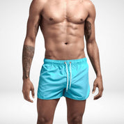 Classic Short Shorts – Men's Short Inseam, Quick-Dry Fit in aqua blue with drawstring waist, ideal for summer swimwear or beachwear.