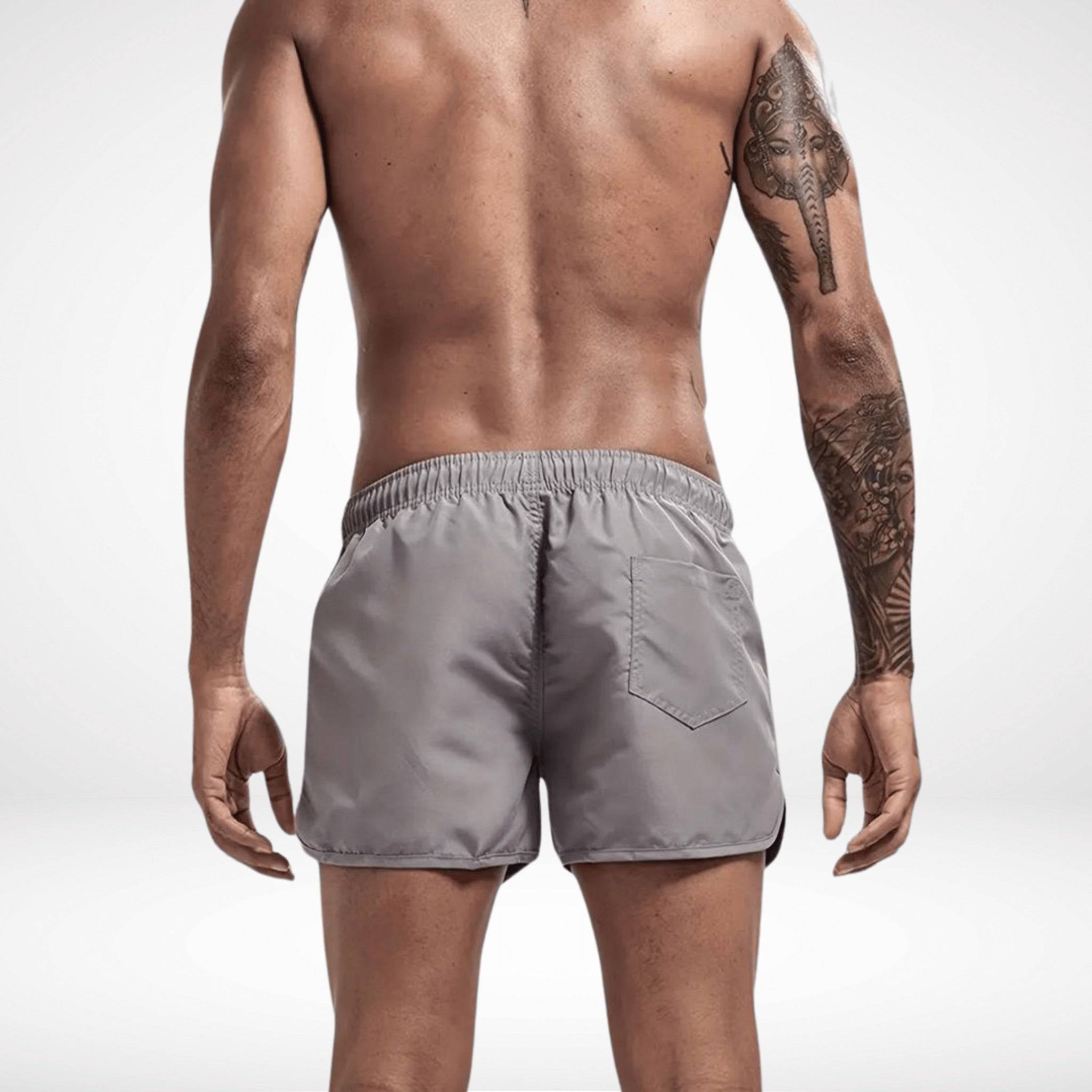 Rear view of gray Classic Short Shorts with elastic waistband and single back pocket, designed for comfort and mobility.