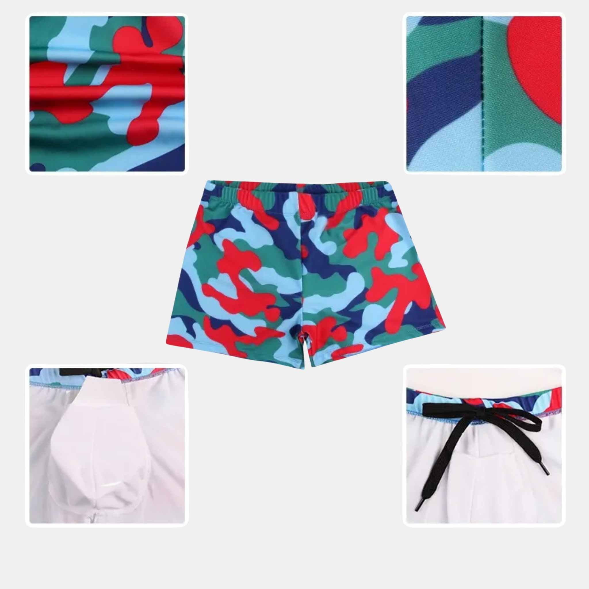 Close-up details of Commando Cut Swim Trunks in red-blue camo, showing drawstring, stitching, inner modesty pad, and back view design.