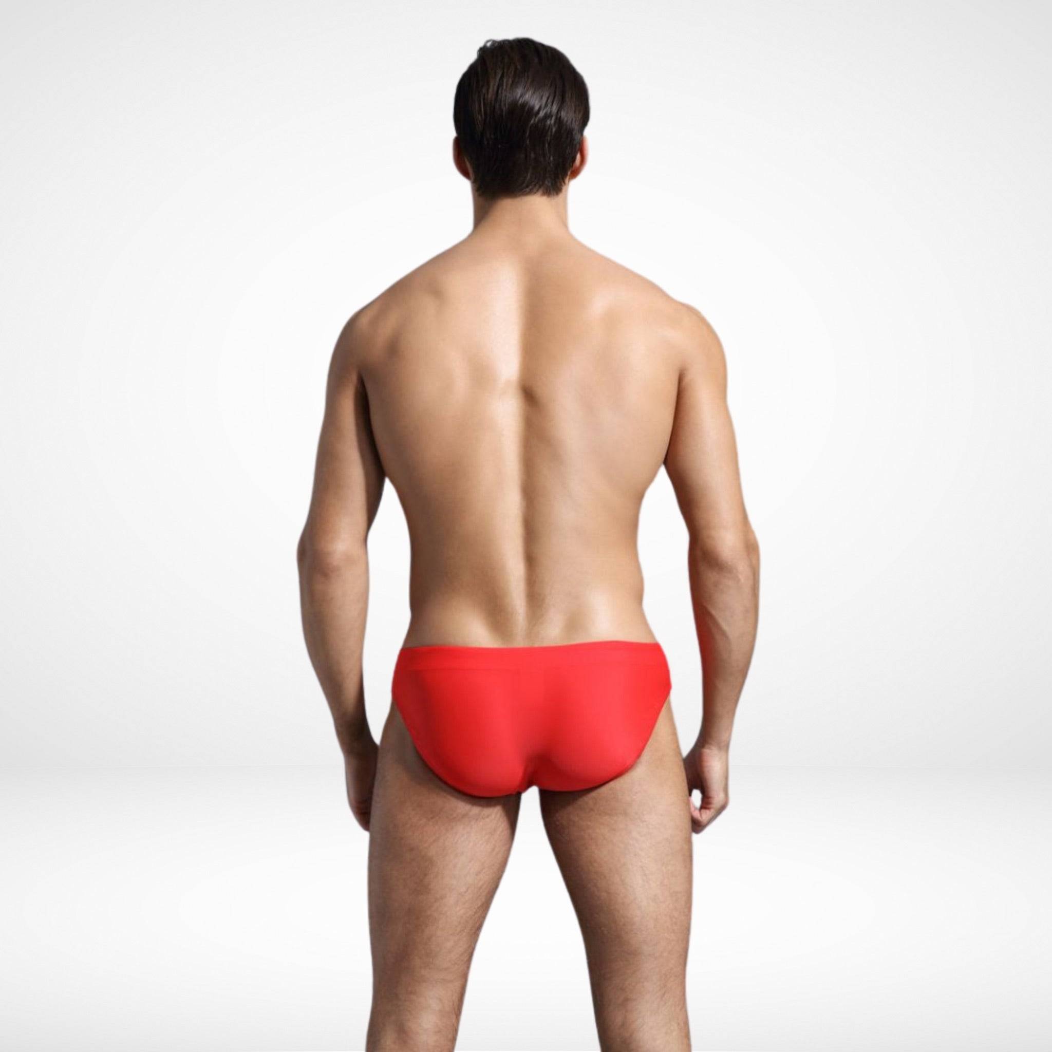 EnhanceFit Swim Briefs – Men's Quick-Dry Adjustable Fit in red, back view highlighting seamless construction and athletic cut.