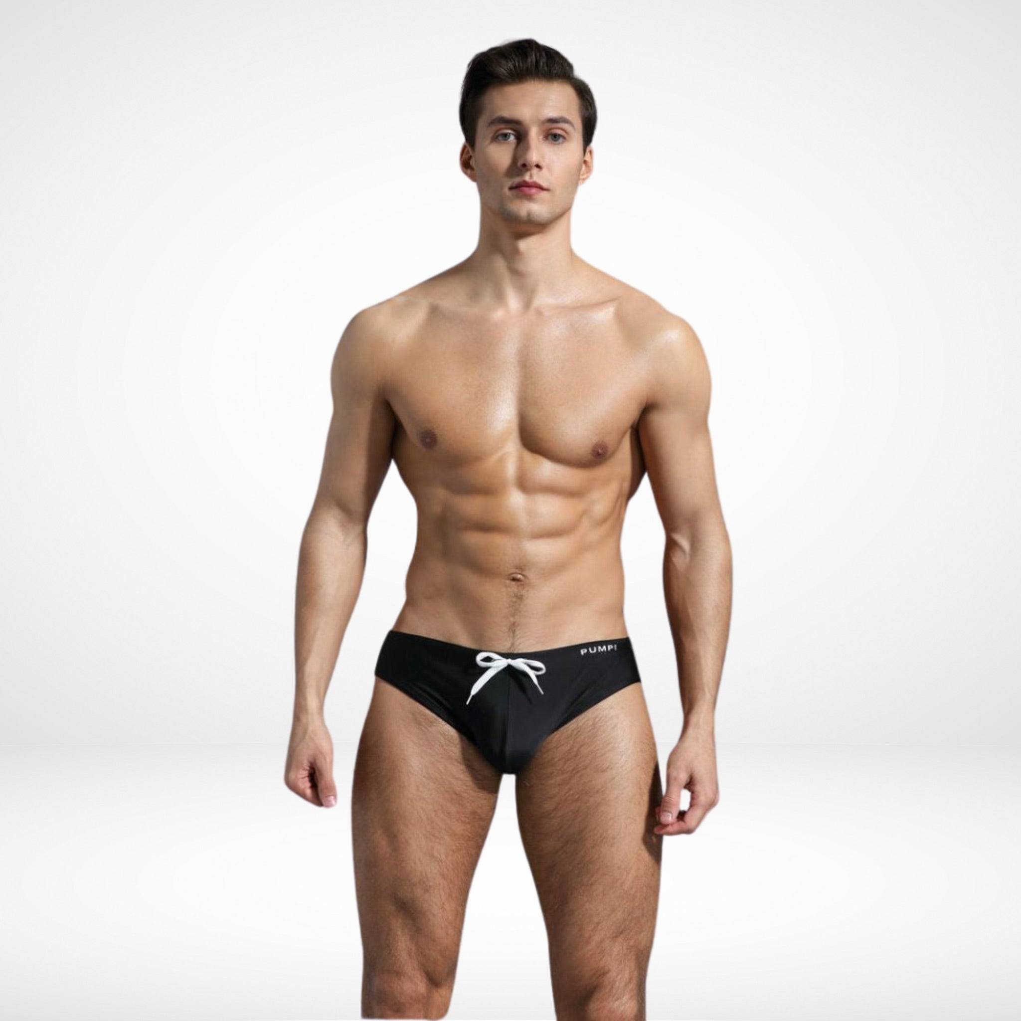 EnhanceFit Swim Briefs – Men's Quick-Dry Adjustable Fit in black, front view with white drawstring and athletic silhouette.