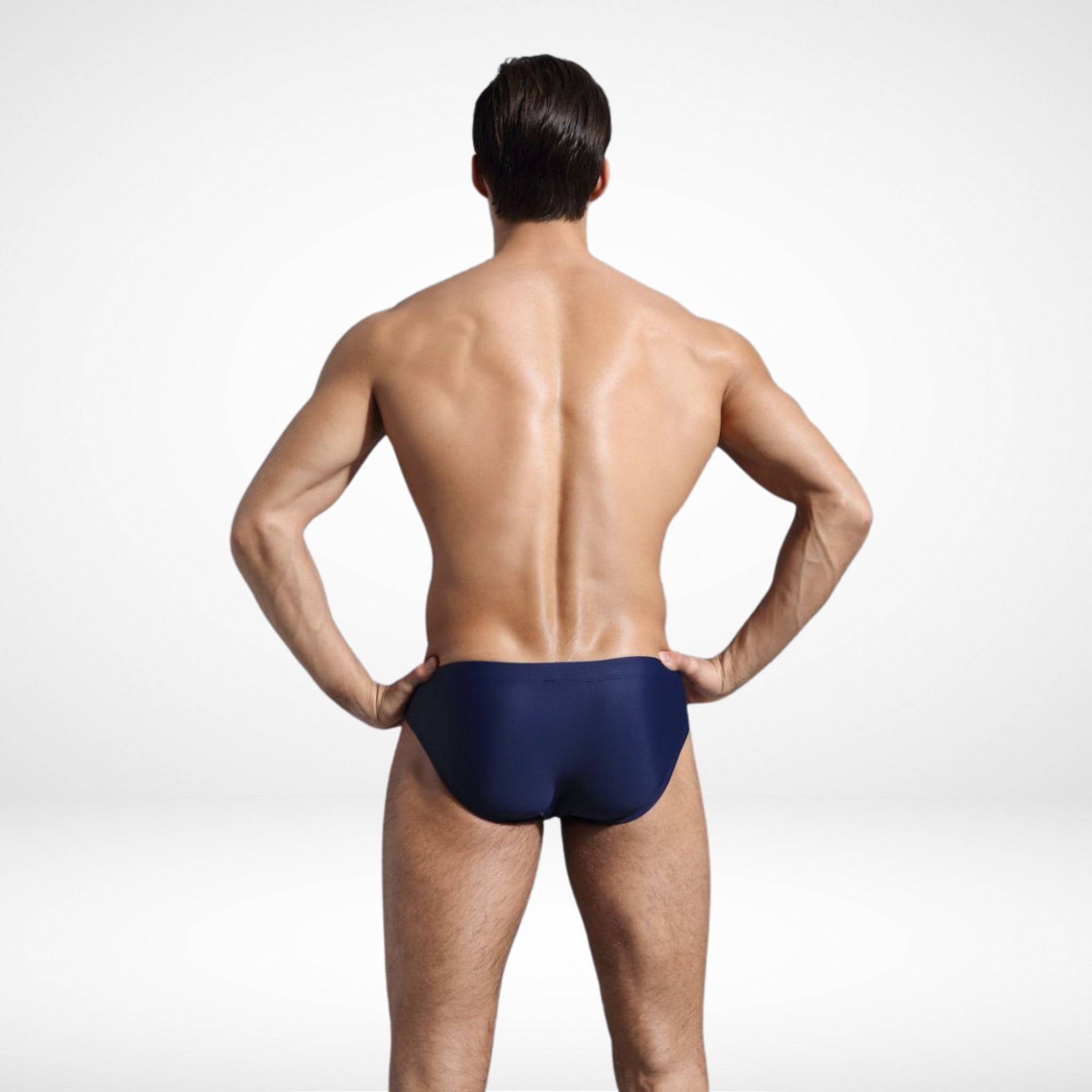 EnhanceFit Swim Briefs – Men's Quick-Dry Adjustable Fit in navy blue, back view highlighting clean lines and athletic shape.