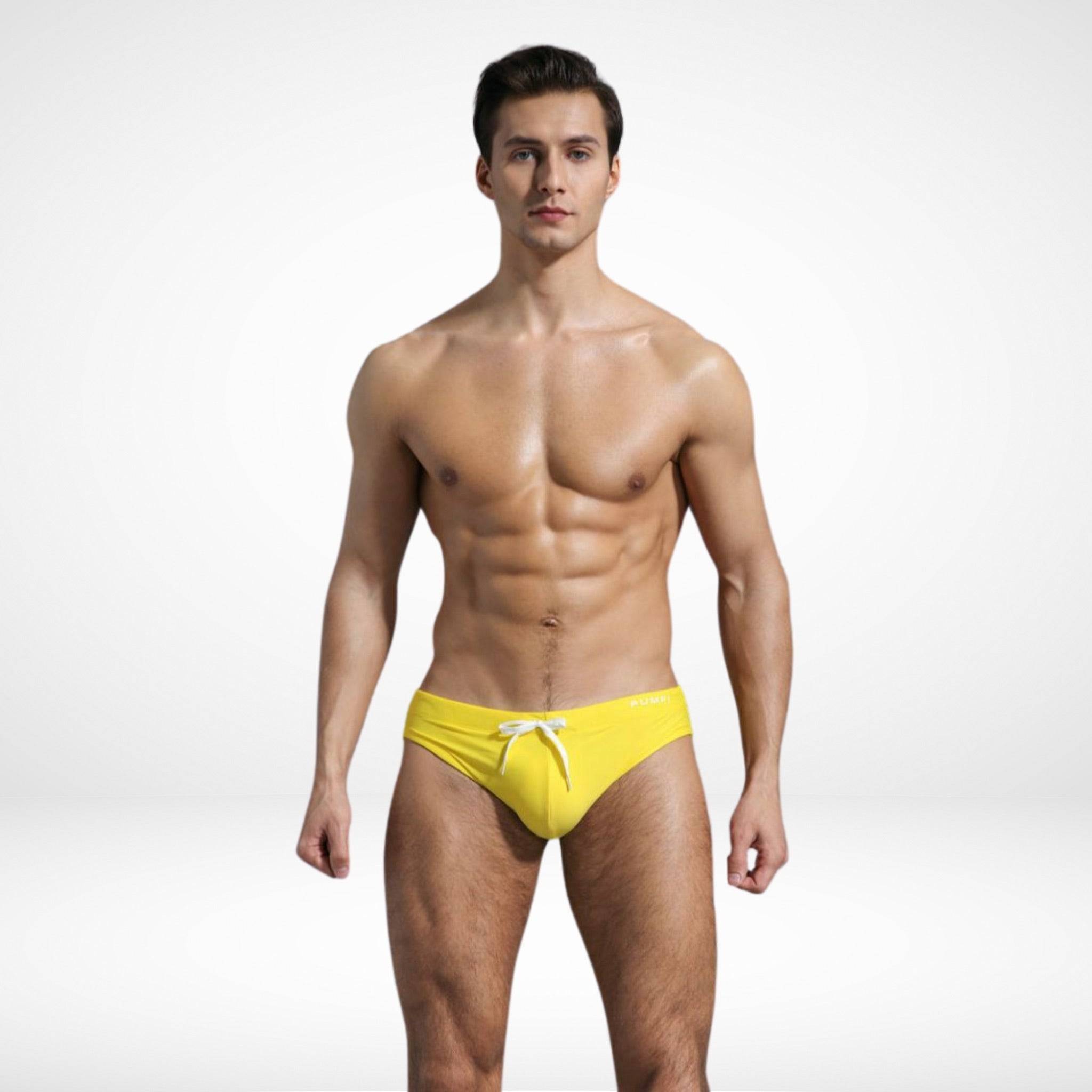 EnhanceFit Swim Briefs – Men's Quick-Dry Adjustable Fit in yellow, front view with supportive pouch and adjustable tie.