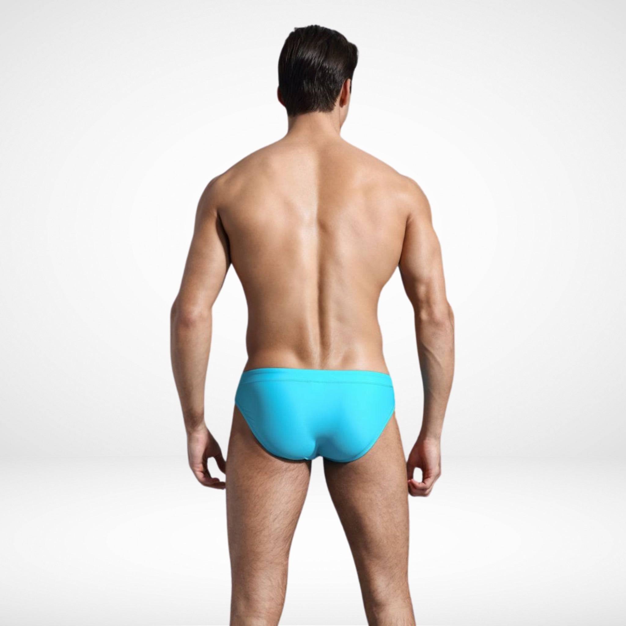 EnhanceFit Swim Briefs – Men's Quick-Dry Adjustable Fit in turquoise blue, back view showing sleek and minimal coverage.
