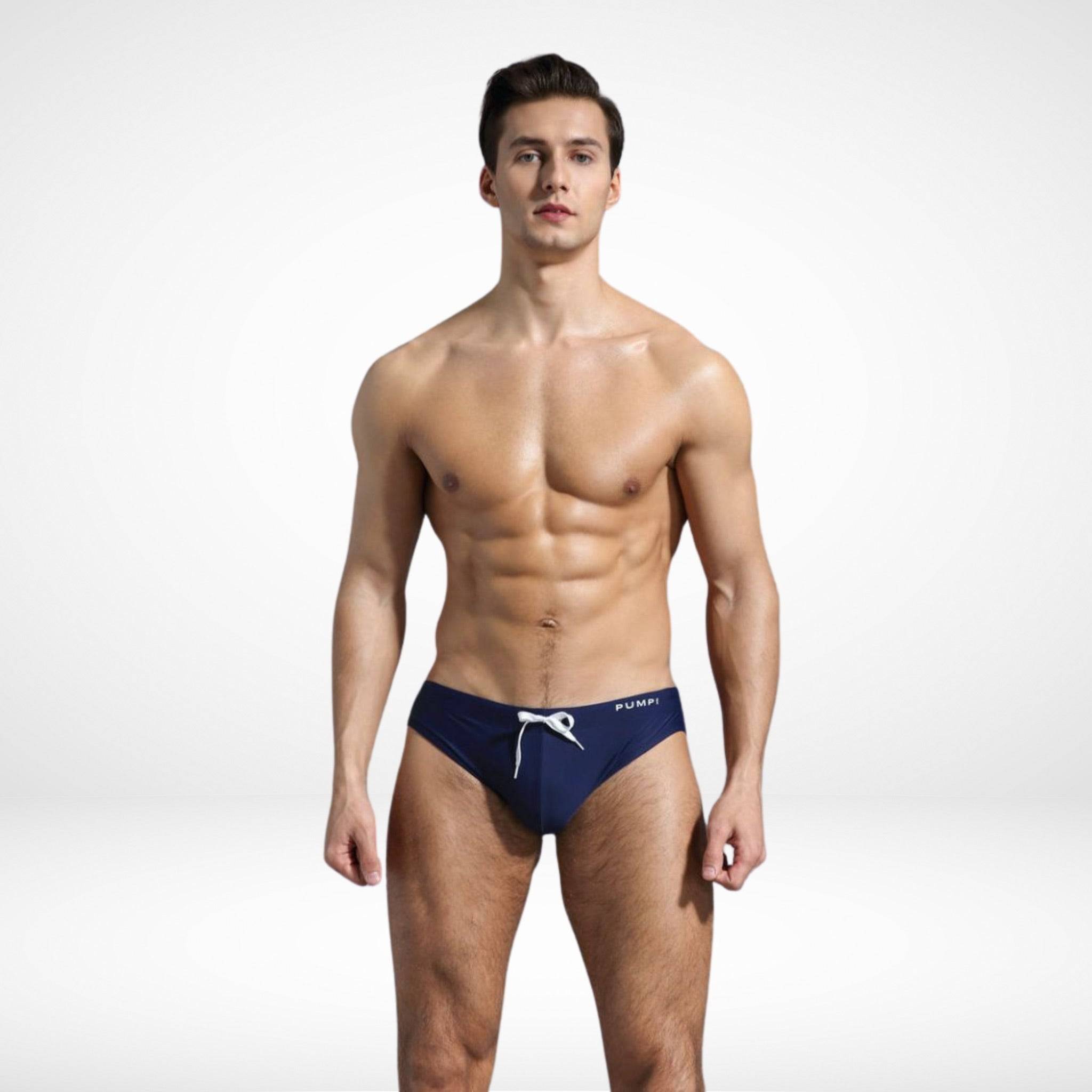 EnhanceFit Swim Briefs – Men's Quick-Dry Adjustable Fit in navy blue, front view with contoured design and secure drawstring.