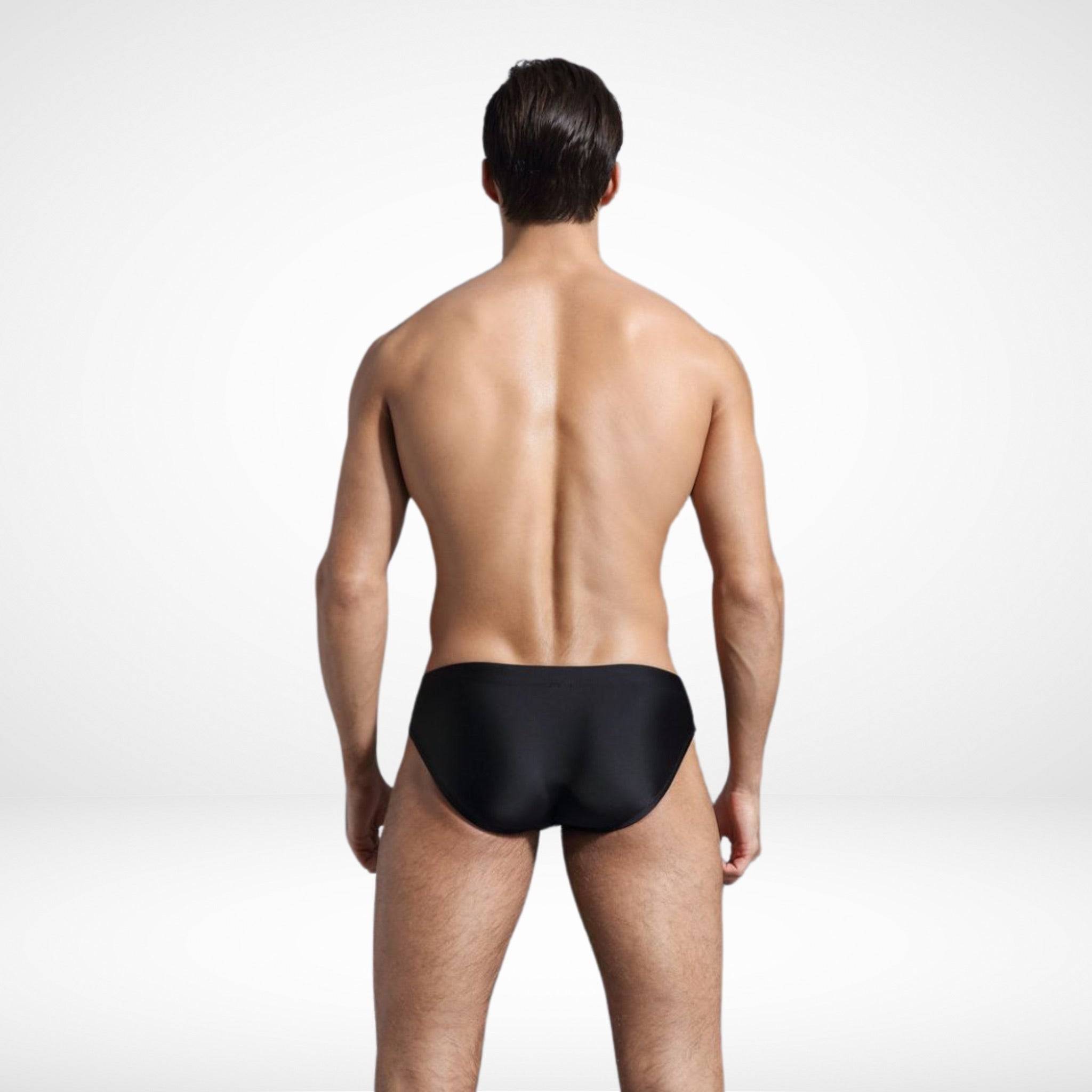 EnhanceFit Swim Briefs – Men's Quick-Dry Adjustable Fit in black, back view emphasizing smooth fit and durable fabric.