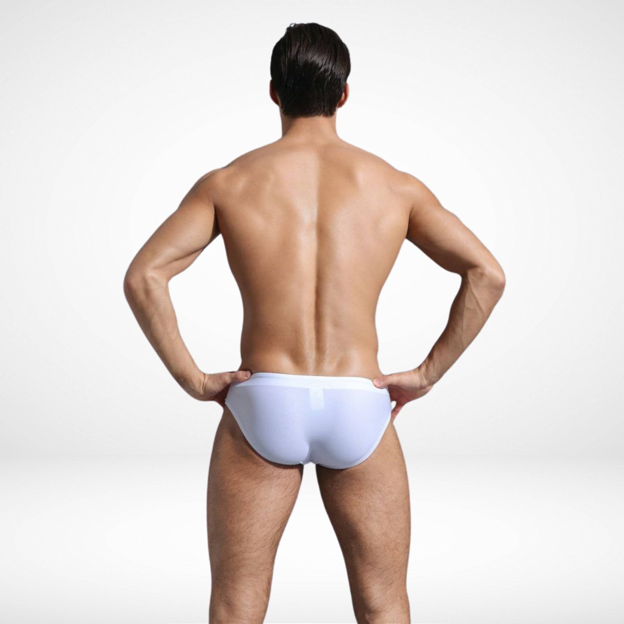 EnhanceFit Swim Briefs – Men's Quick-Dry Adjustable Fit in white, back view showing smooth, form-fitting swimwear design.