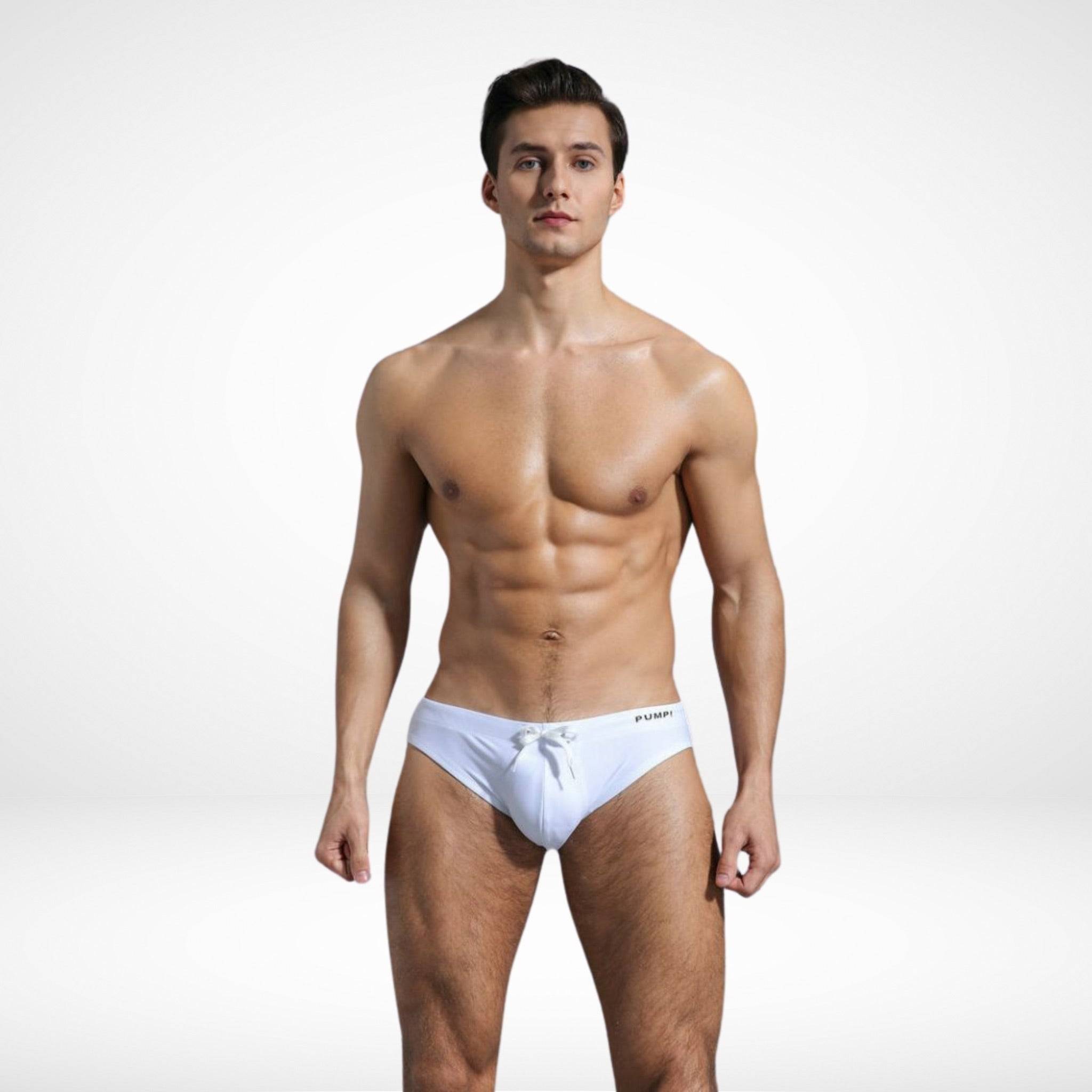 EnhanceFit Swim Briefs – Men's Quick-Dry Adjustable Fit in white, front view with padded pouch and secure drawstring tie.