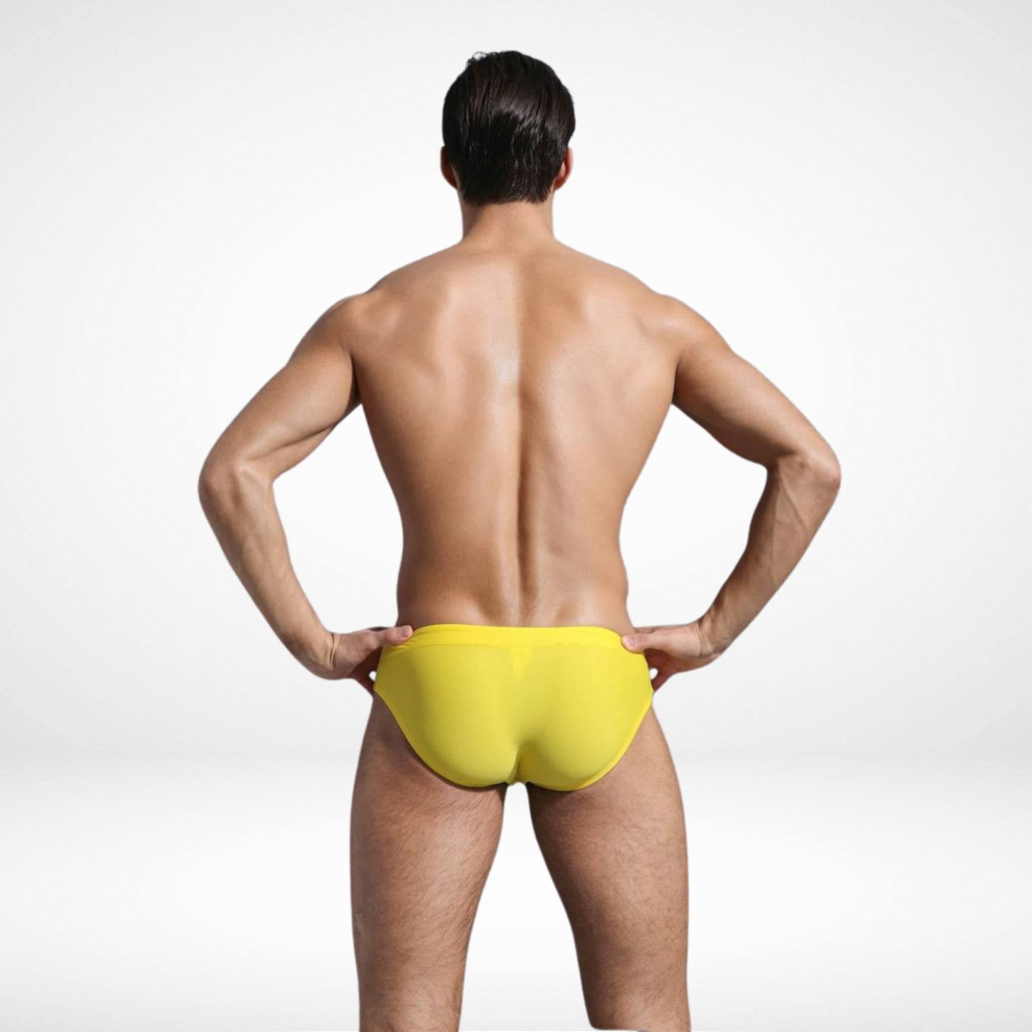 EnhanceFit Swim Briefs – Men's Quick-Dry Adjustable Fit in yellow, back view showing vibrant color and snug fit.