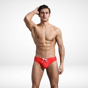 EnhanceFit Swim Briefs – Men's Quick-Dry Adjustable Fit in red with white drawstring, front view showing snug fit and sporty design.