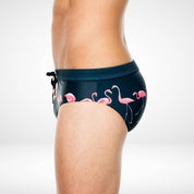 Side profile of Flamingo Print Swim Briefs – Fun, Quick-Dry Men's Swimwear highlighting the flamingo pattern and secure waistband with drawstring.