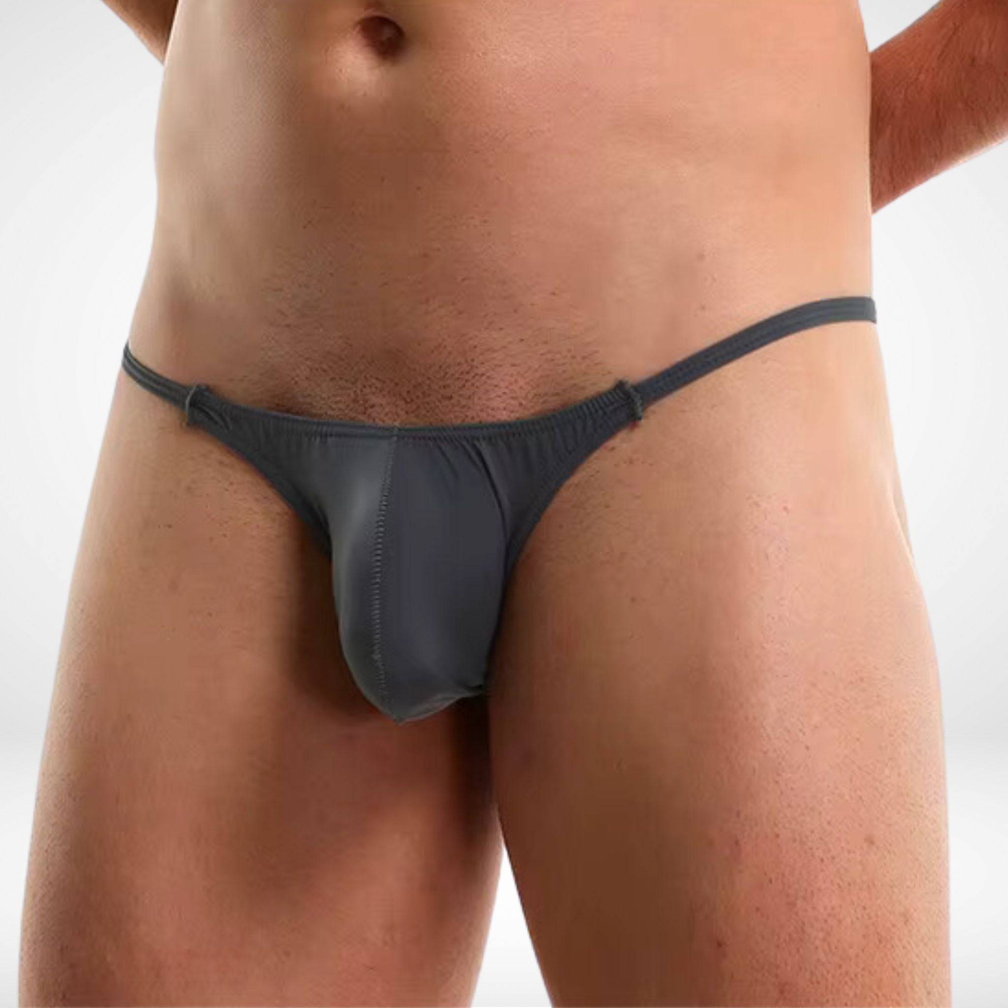 Side view of gray T-Back Comfort Pouch Thong for men, emphasizing the ergonomic pouch and lightweight, breathable material.