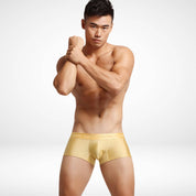 Gold SeoBean Stretch Boxer Briefs for men, offering breathable comfort and sleek design in premium nylon-spandex fabric.