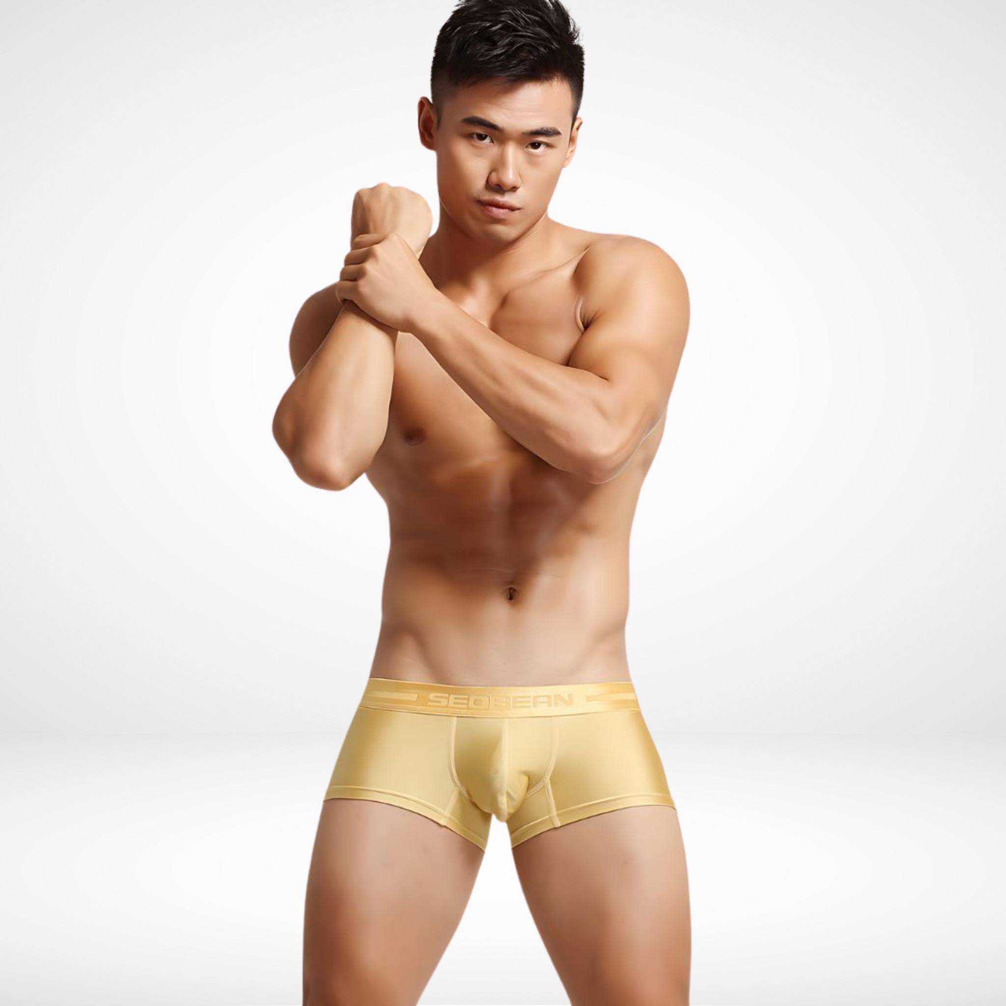 Gold SeoBean Stretch Boxer Briefs for men, offering breathable comfort and sleek design in premium nylon-spandex fabric.