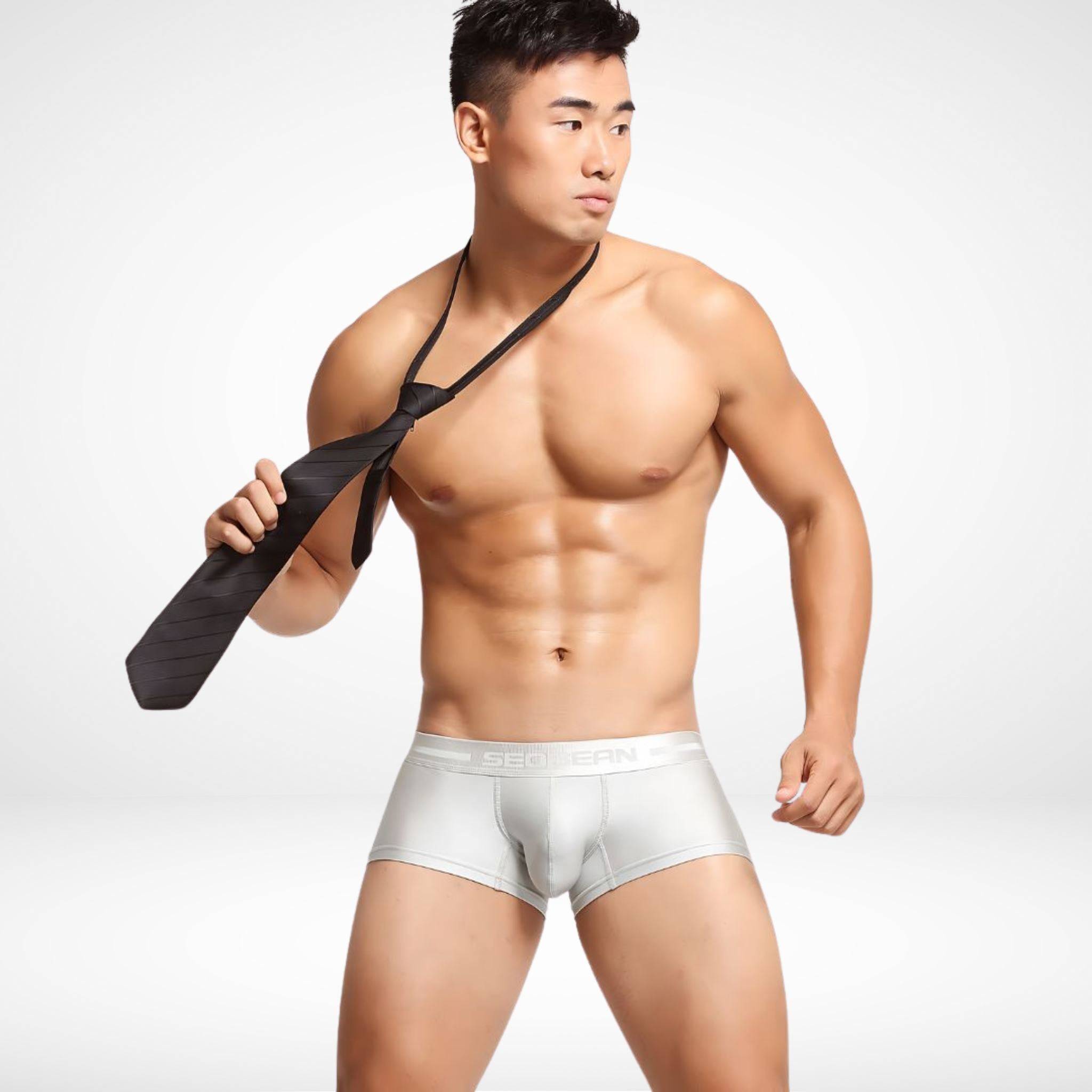 Silver SeoBean Stretch Boxer Briefs for men, designed for breathability, flexibility, and modern style in a soft nylon-spandex blend.