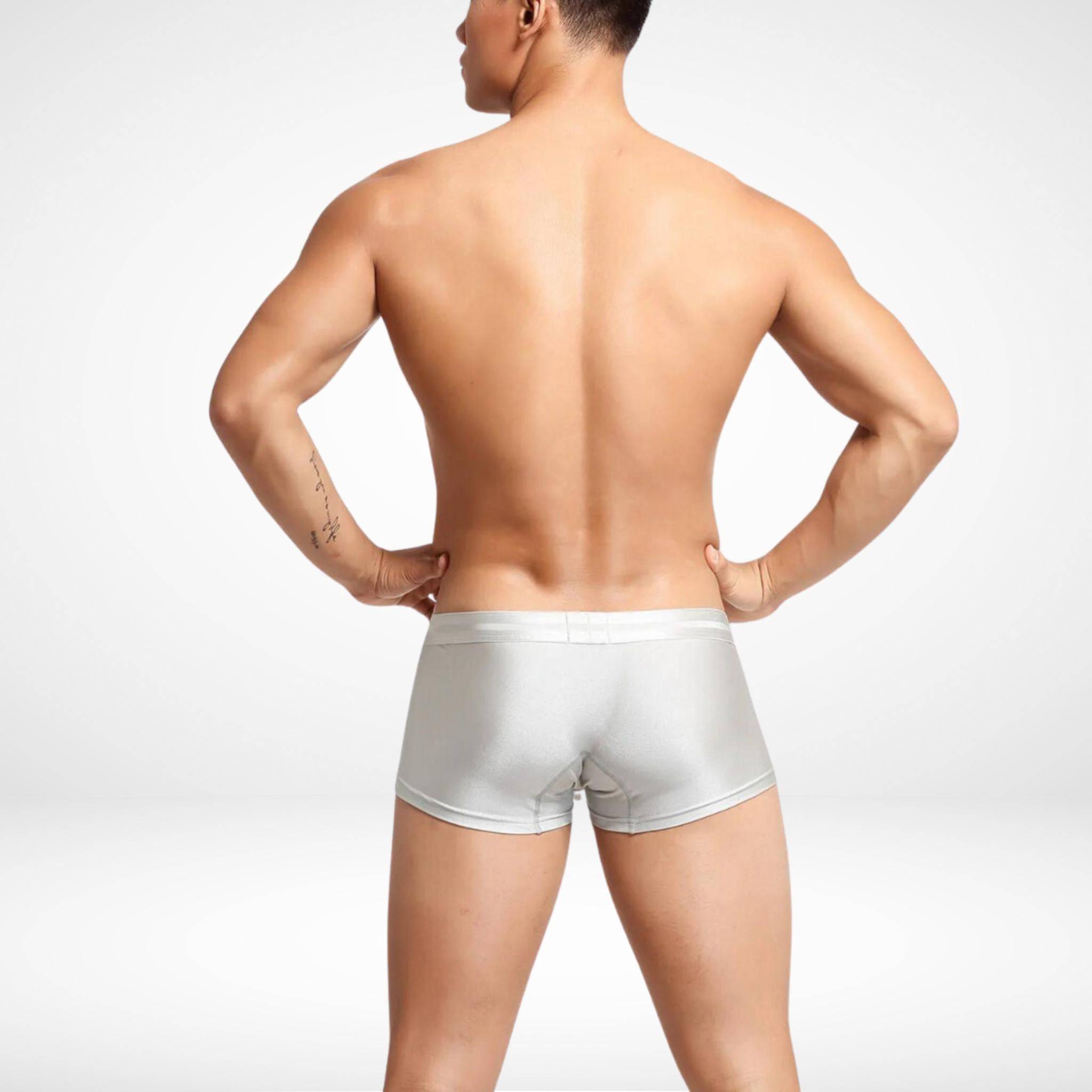 Rear view of silver Breathable Stretch Men's Boxer Briefs by SeoBean, emphasizing comfort and body-hugging fit.