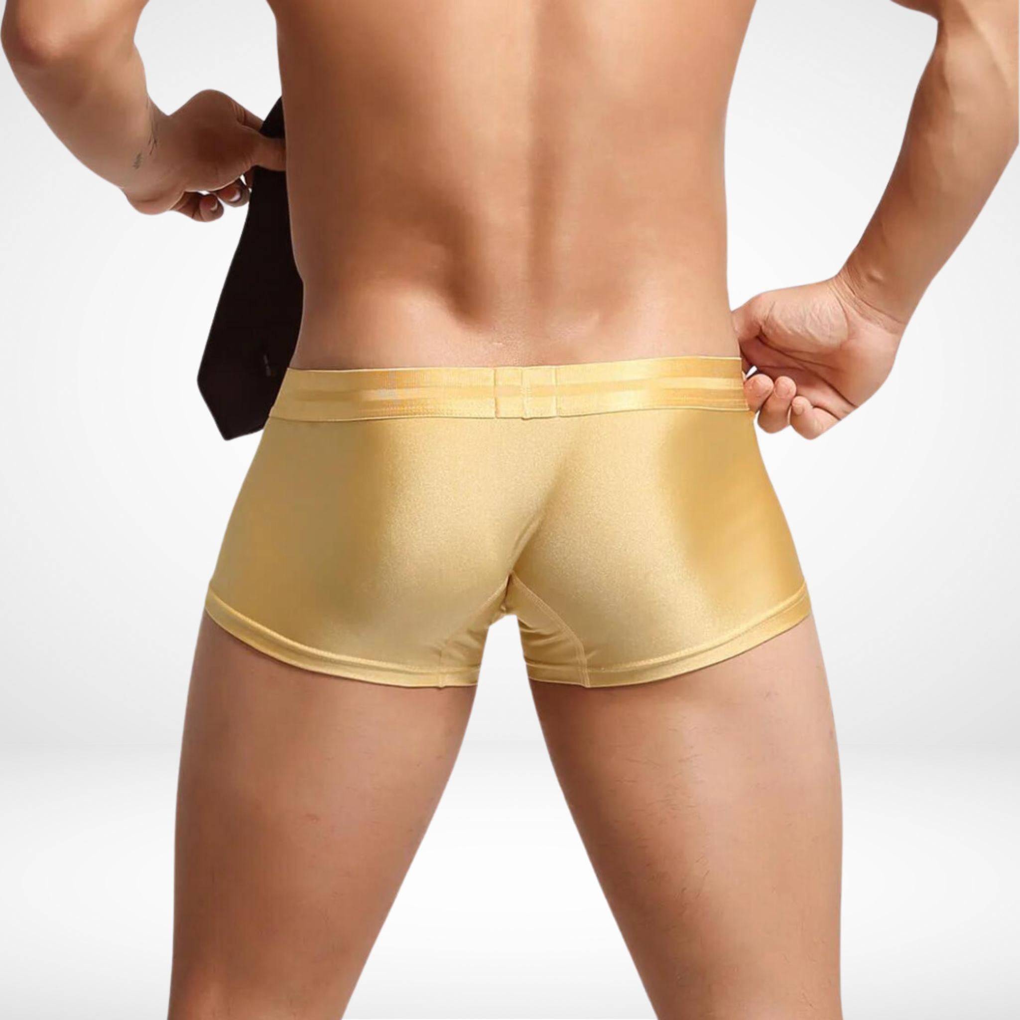 Back view of gold Breathable Stretch Men's Boxer Briefs by SeoBean, highlighting snug fit and smooth fabric texture.