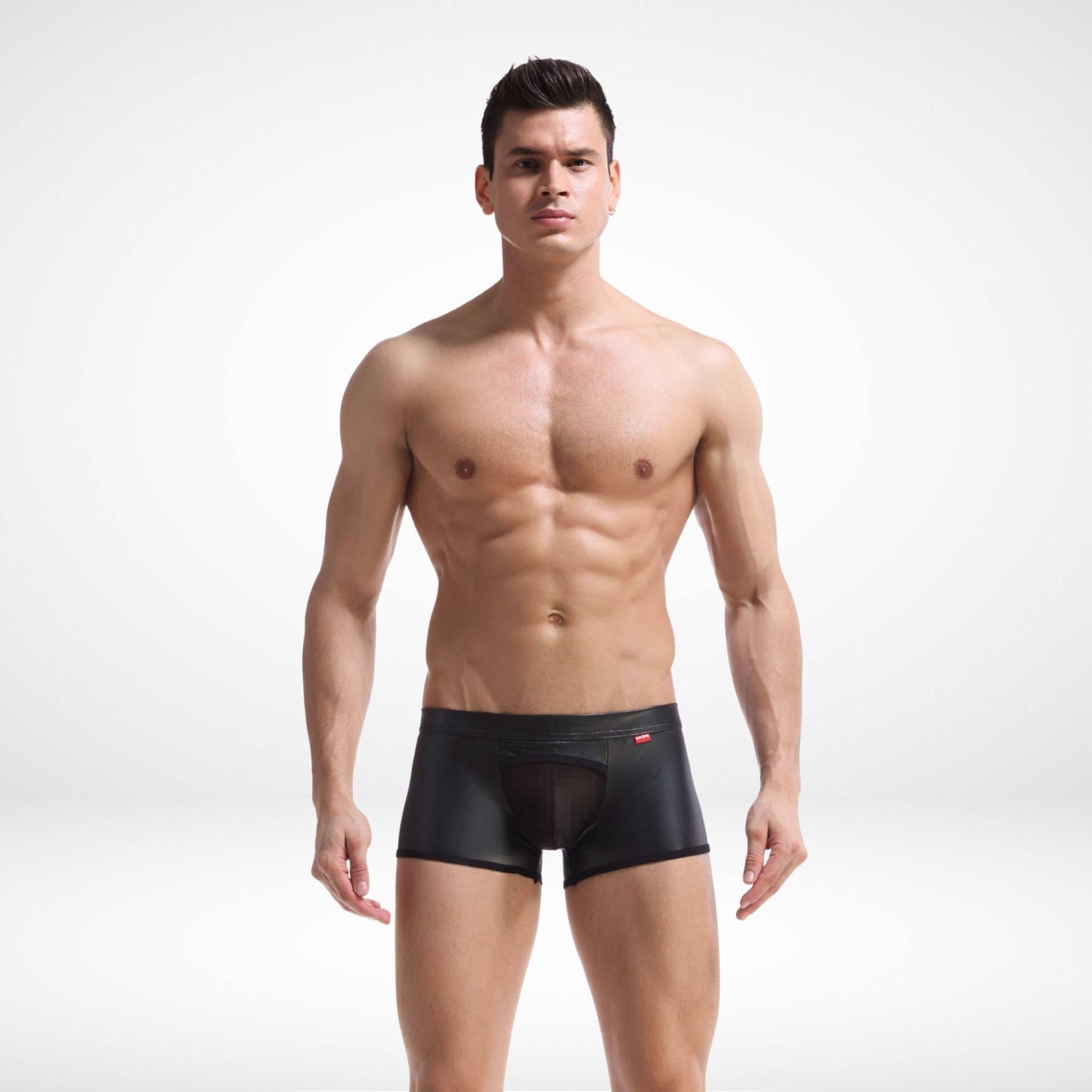 Bold men's underwear with sheer front faux leather design, offering a modern, breathable fit and glossy black texture for standout style.