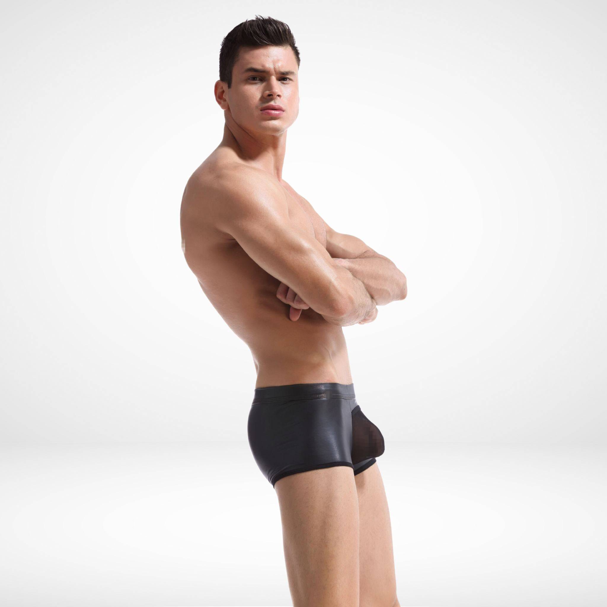 Side profile of sheer front faux leather boxer briefs highlighting breathable mesh panel and sleek, body-hugging design for bold men's underwear.