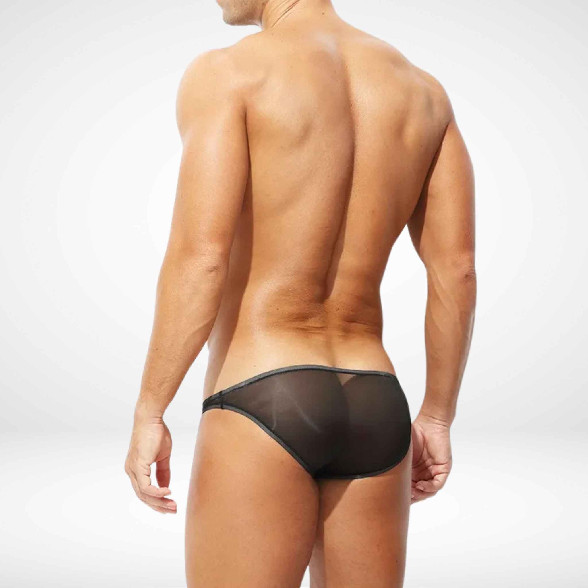 Black sheer ice silk briefs for men with see-through mesh back design. Lightweight and breathable men's underwear for bold comfort.