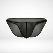 Front view of black sheer ice silk briefs featuring a supportive pouch. See-through mesh men's underwear ideal for cool, airy wear.
