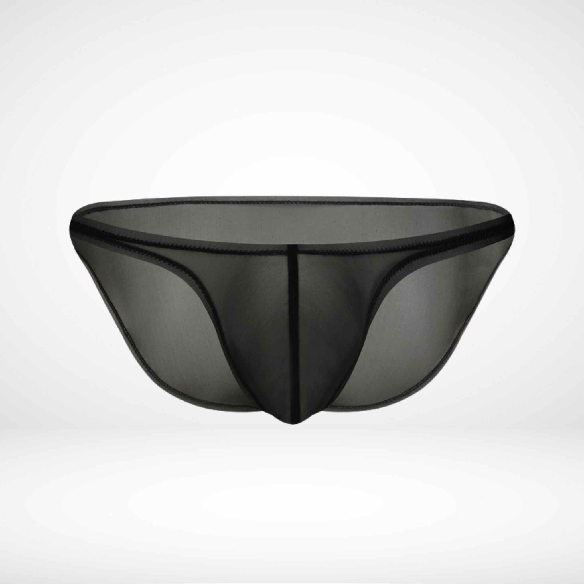 Front view of black sheer ice silk briefs featuring a supportive pouch. See-through mesh men's underwear ideal for cool, airy wear.
