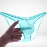 Close-up of aqua blue sheer ice silk briefs showing see-through mesh fabric. Lightweight and stretchy men's underwear for everyday wear.