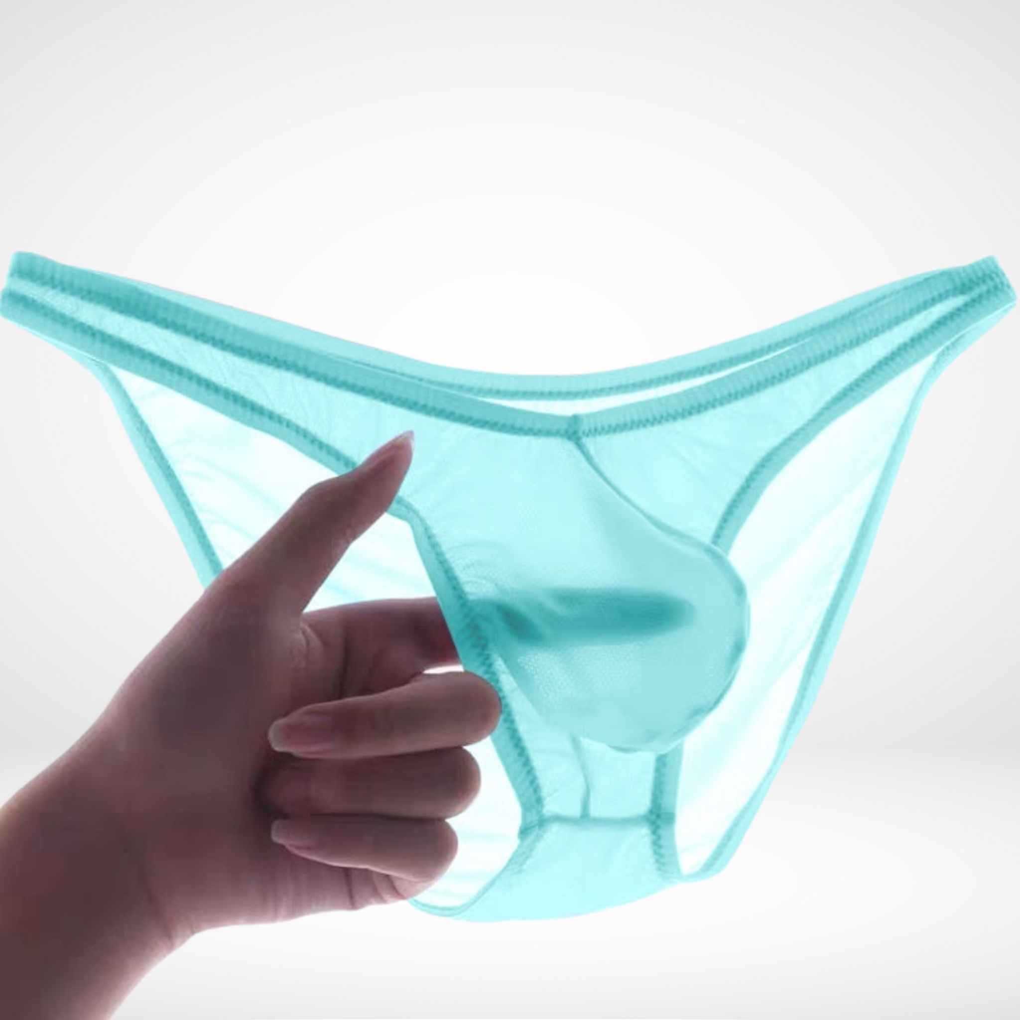 Close-up of aqua blue sheer ice silk briefs showing see-through mesh fabric. Lightweight and stretchy men's underwear for everyday wear.