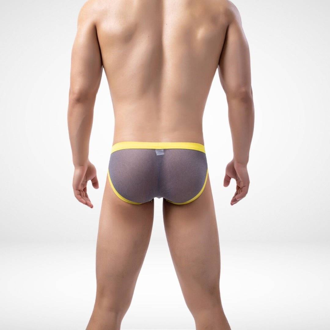 Back view of gray transparent men's briefs with yellow waistband, designed for breathable comfort and vibrant style.