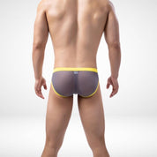 Back view of gray transparent men's briefs with yellow waistband, designed for breathable comfort and vibrant style.