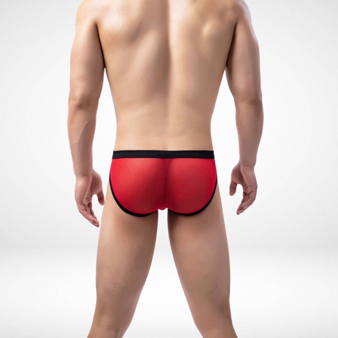 Back view of red sheer transparent men's briefs with black waistband, offering snug fit and vibrant style.