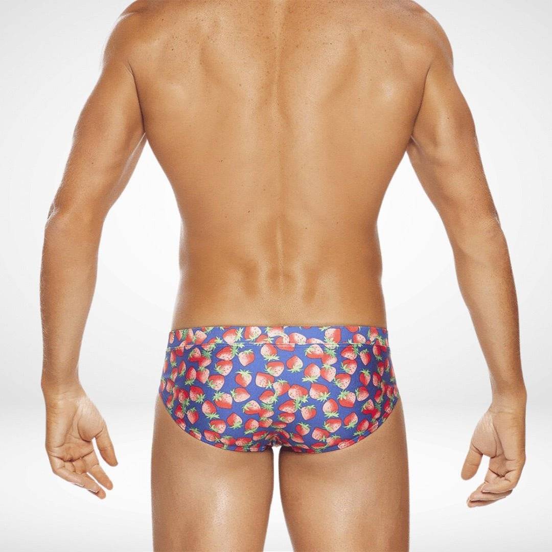 Back view of Strawberry Print Swim Briefs – Fun, Quick-Dry Men's Swimwear showcasing full strawberry pattern on blue fabric for stylish beachwear.