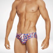 Front view of Strawberry Print Swim Briefs – Fun, Quick-Dry Men's Swimwear with blue base and red strawberry pattern, featuring white drawstring.