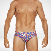 Front-centered view of Strawberry Print Swim Briefs – Fun, Quick-Dry Men's Swimwear with snug fit and vibrant strawberry design on blue fabric.