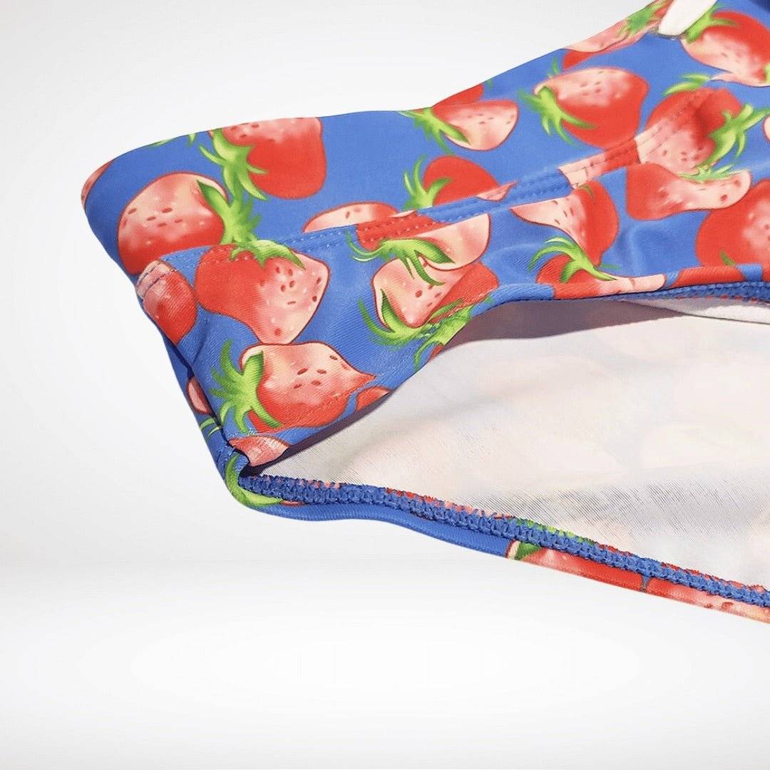 Close-up of inner lining and stitching on Strawberry Print Swim Briefs – Fun, Quick-Dry Men's Swimwear showing quality fabric and detailed finish.