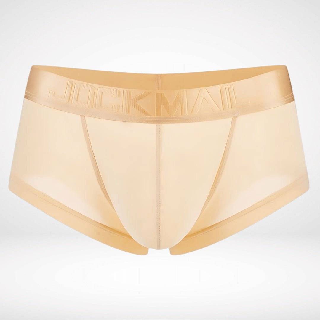 Beige transparent ice silk boxer briefs with sheer fabric and soft waistband. Lightweight men's underwear for discreet comfort.
