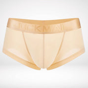 Beige transparent ice silk boxer briefs with sheer fabric and soft waistband. Lightweight men's underwear for discreet comfort.
