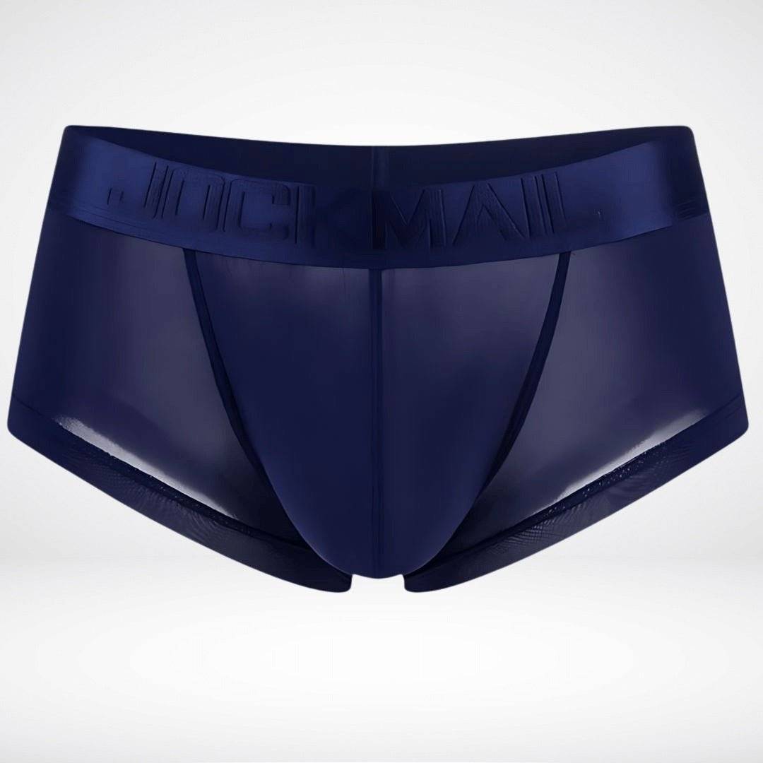 Navy blue sheer ice silk boxer briefs with contoured front. Elegant and breathable men's underwear for stylish comfort.