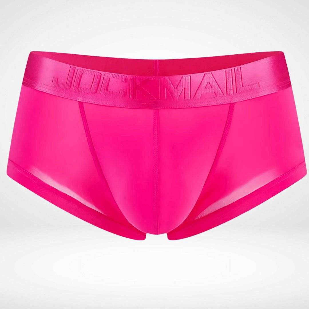 Hot pink transparent ice silk boxer briefs with sheer finish. Bold and breathable men's underwear with sleek silhouette.