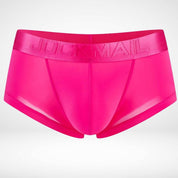 Hot pink transparent ice silk boxer briefs with sheer finish. Bold and breathable men's underwear with sleek silhouette.