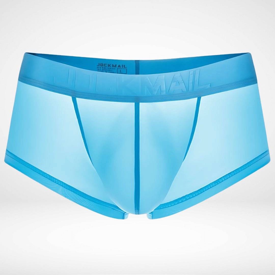 Aqua blue transparent ice silk boxer briefs with sheer fabric and contoured pouch. Stylish men's underwear for comfort and ventilation.