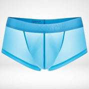 Aqua blue transparent ice silk boxer briefs with sheer fabric and contoured pouch. Stylish men's underwear for comfort and ventilation.