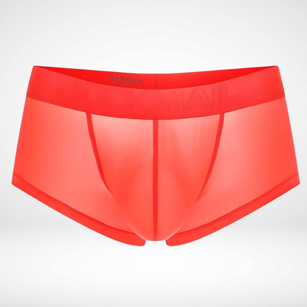 Orange sheer ice silk boxer briefs with breathable mesh design. Sleek and colorful men's underwear for modern comfort.