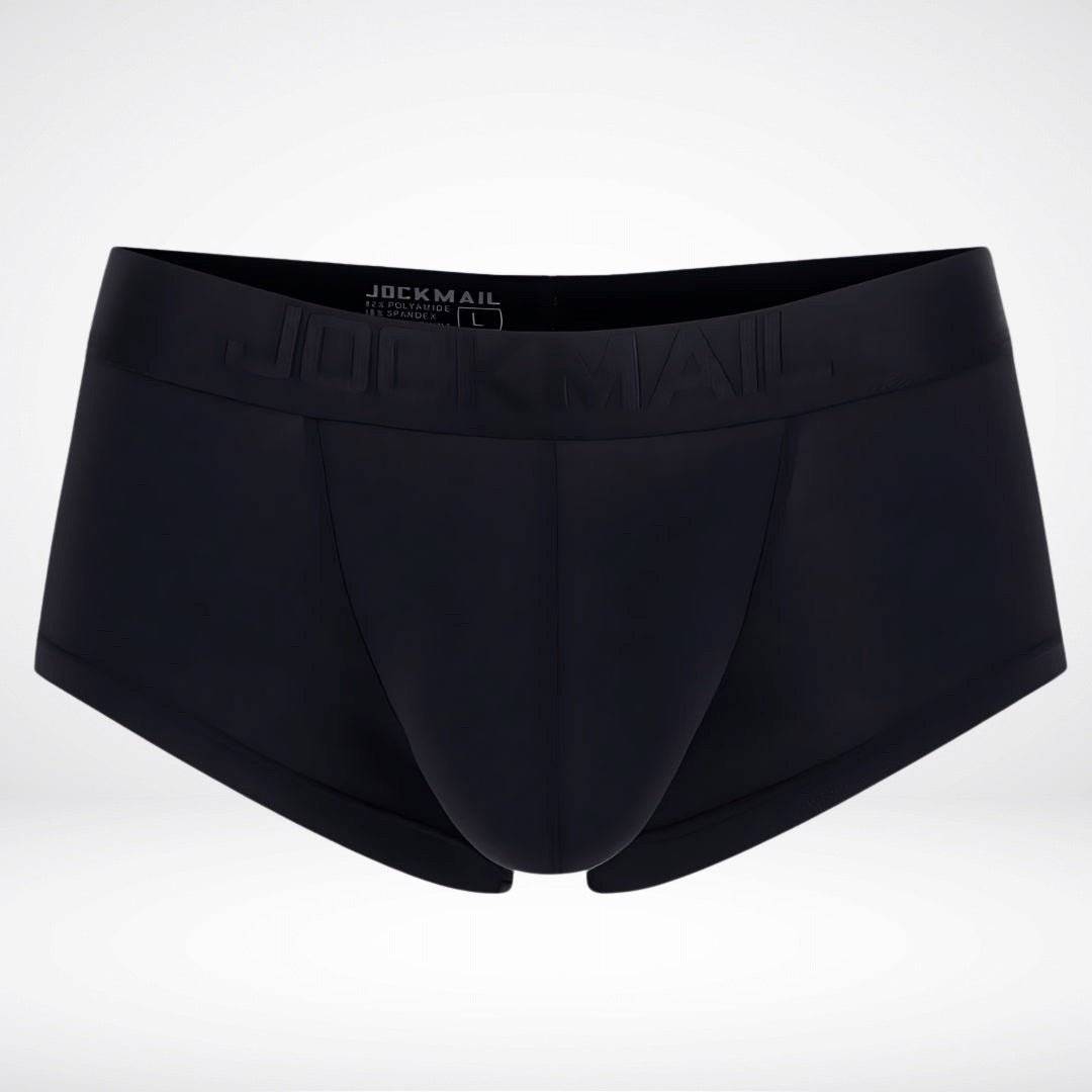 Black sheer ice silk boxer briefs with contoured front and wide waistband. Lightweight men's underwear designed for comfort and style.