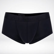 Black sheer ice silk boxer briefs with contoured front and wide waistband. Lightweight men's underwear designed for comfort and style.