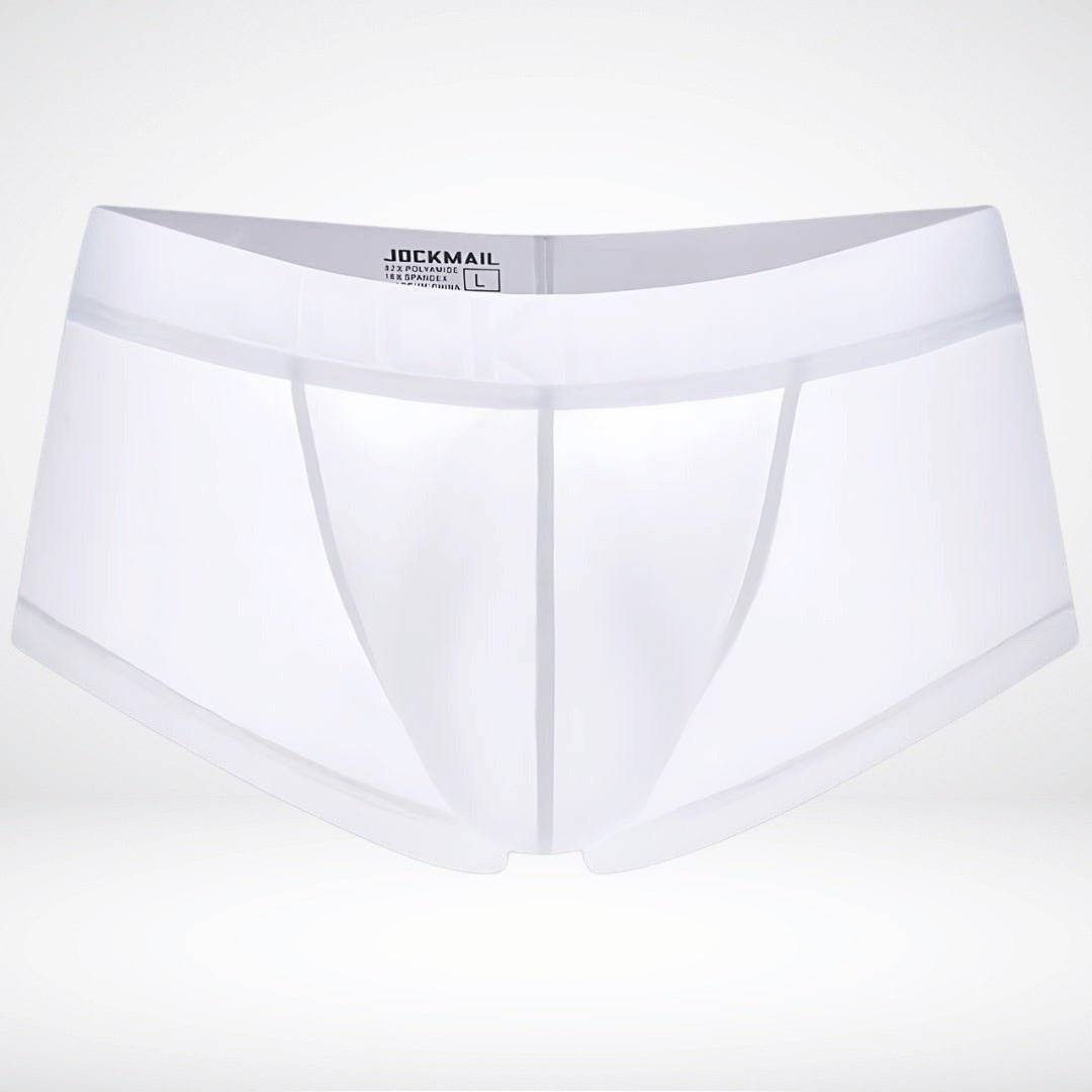 White sheer ice silk boxer briefs with contoured pouch and soft waistband. Breathable and stylish men's underwear option.