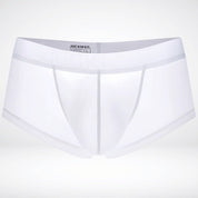 White sheer ice silk boxer briefs with contoured pouch and soft waistband. Breathable and stylish men's underwear option.