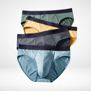 Set of four Soft Modal Comfort Fit Men's Briefs in assorted colors—green, yellow, grey, and blue—for breathable, moisture-wicking comfort.