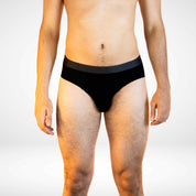 Front view of Soft Modal Comfort Fit Men's Briefs in black, featuring a snug fit and moisture-wicking fabric.